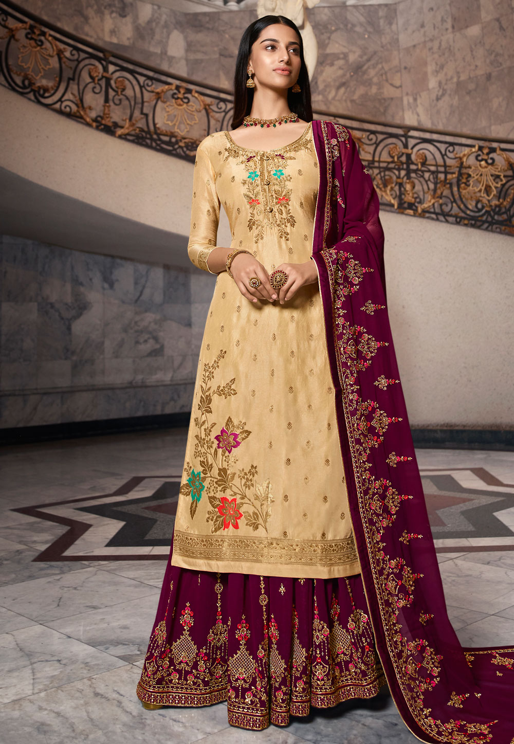 Cream Jacquard Embroidered Palazzo Suit 209127