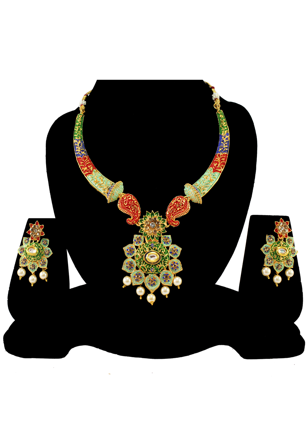 Green Alloy Austrian Diamond Necklace Set With Earrings 197151