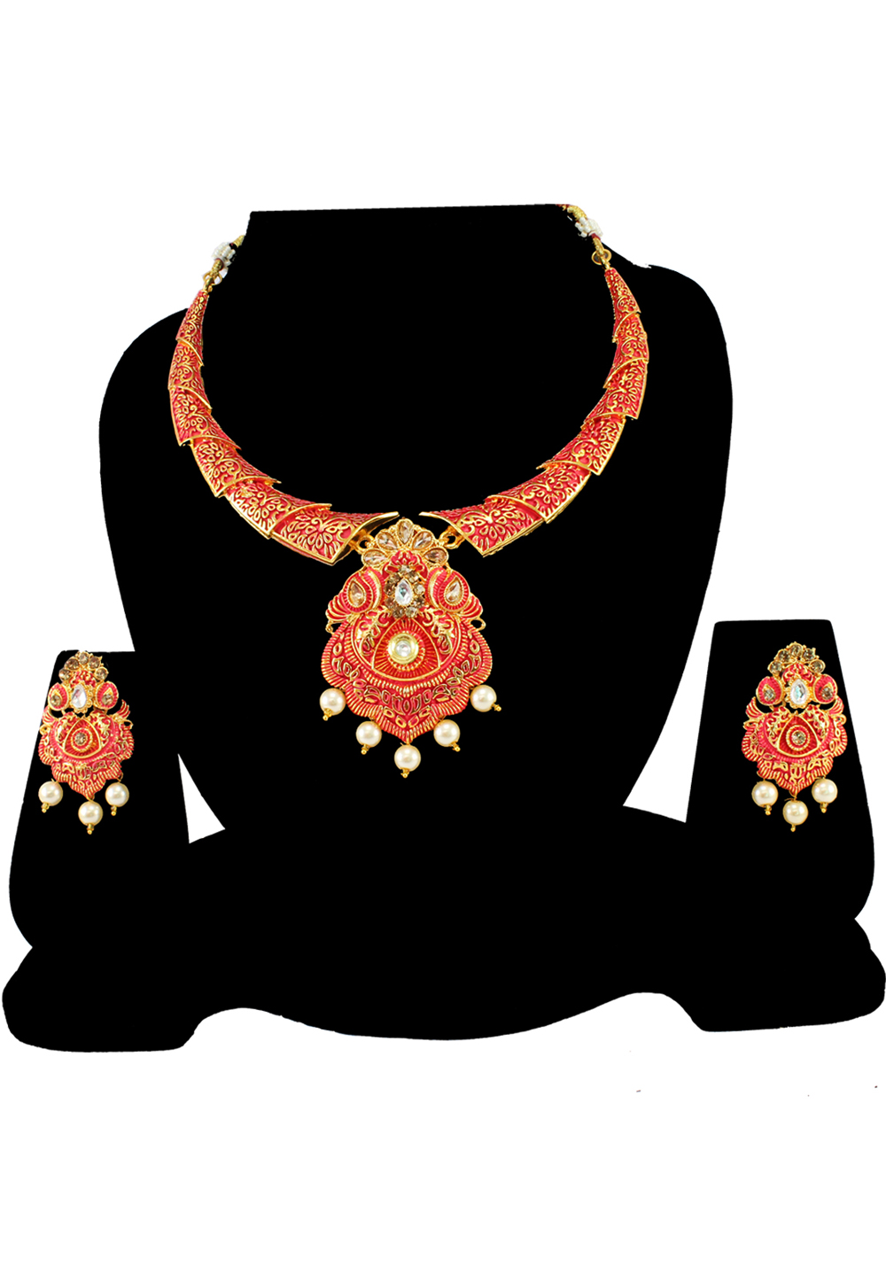 Pink Alloy Austrian Diamond Necklace Set With Earrings 197153