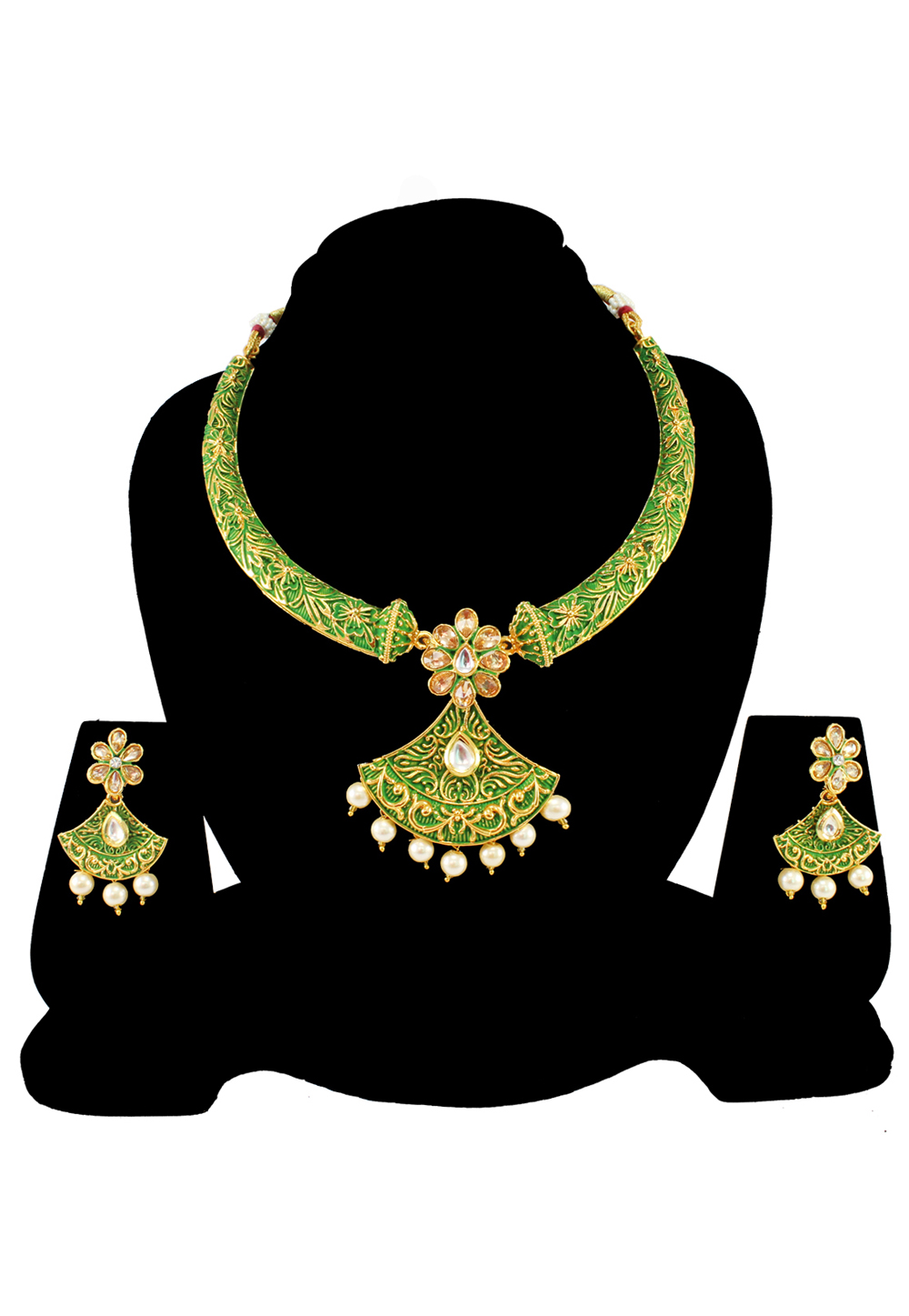 Green Alloy Austrian Diamond Necklace Set With Earrings 197154