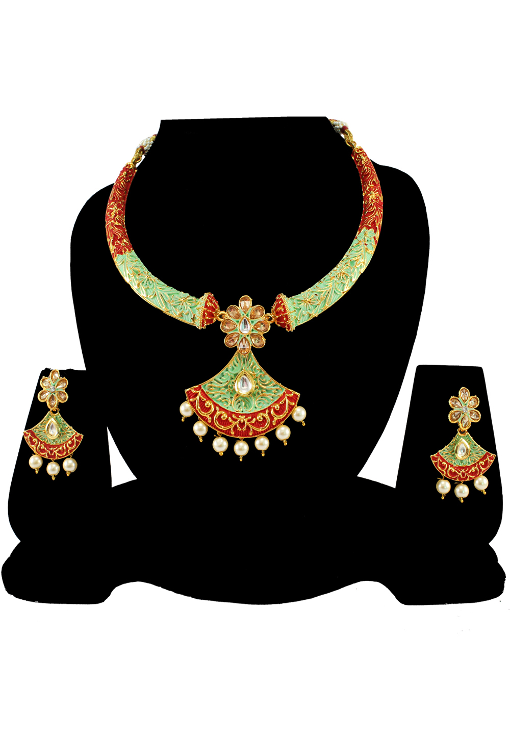 Green Alloy Austrian Diamond Necklace Set With Earrings 197157