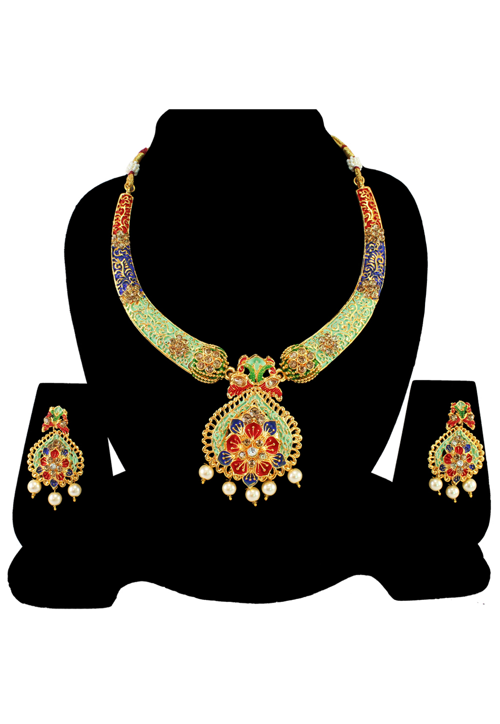 Green Alloy Austrian Diamond Necklace Set With Earrings 197159