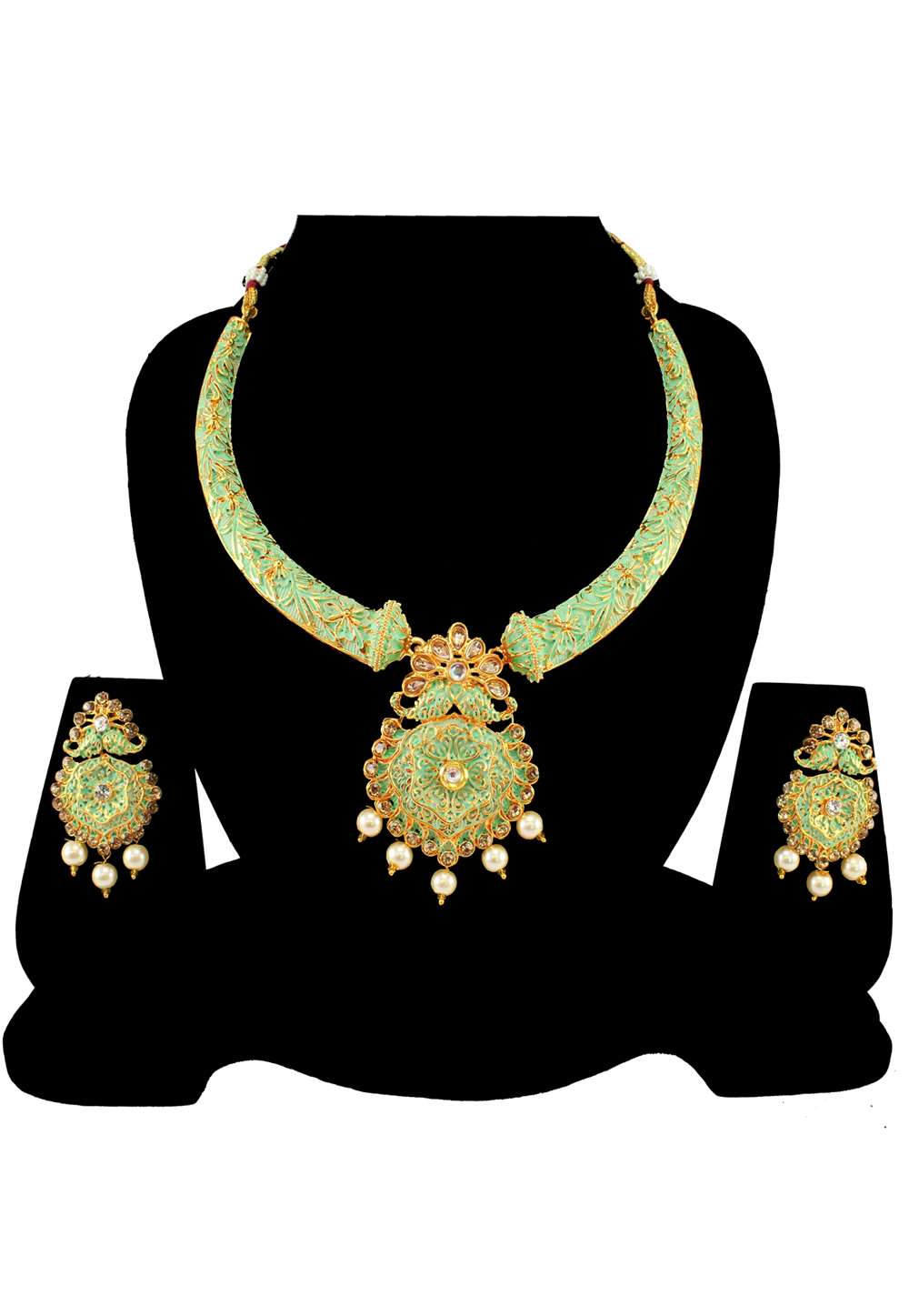 Green Alloy Austrian Diamond Necklace Set With Earrings 197160
