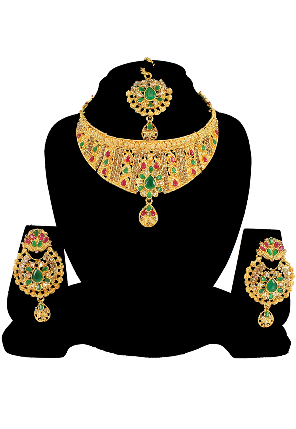 Green Alloy Austrian Diamond Necklace Set With Earrings and Maang Tikka 197161