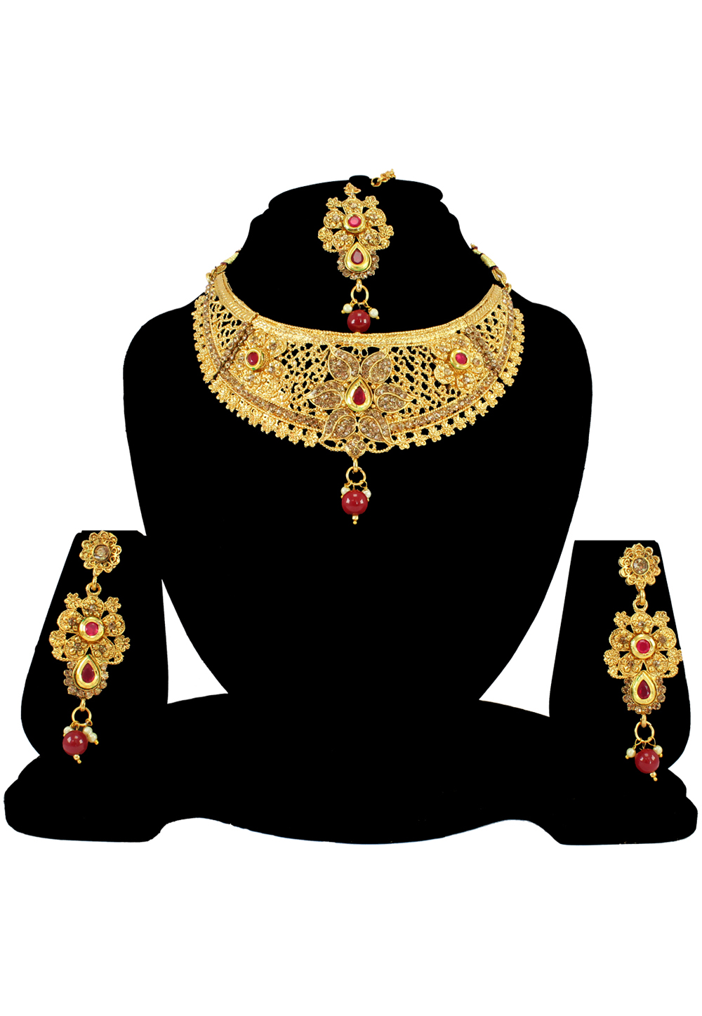 Maroon Alloy Austrian Diamond Necklace Set With Earrings and Maang Tikka 197162