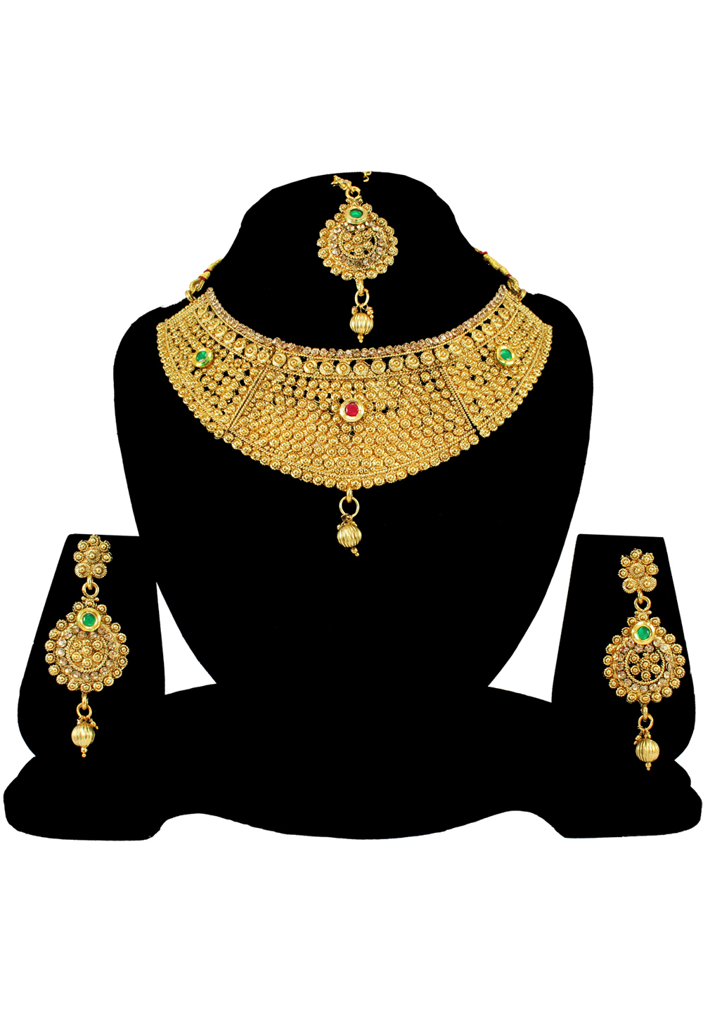 Green Alloy Austrian Diamond Necklace Set With Earrings and Maang Tikka 197163
