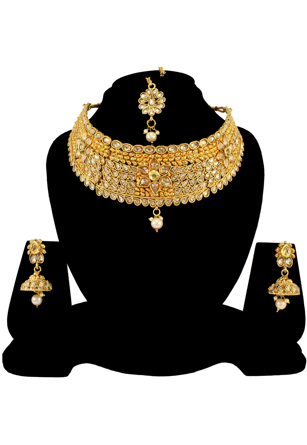 Golden Alloy Austrian Diamond Necklace Set With Earrings and Maang Tikka 197164