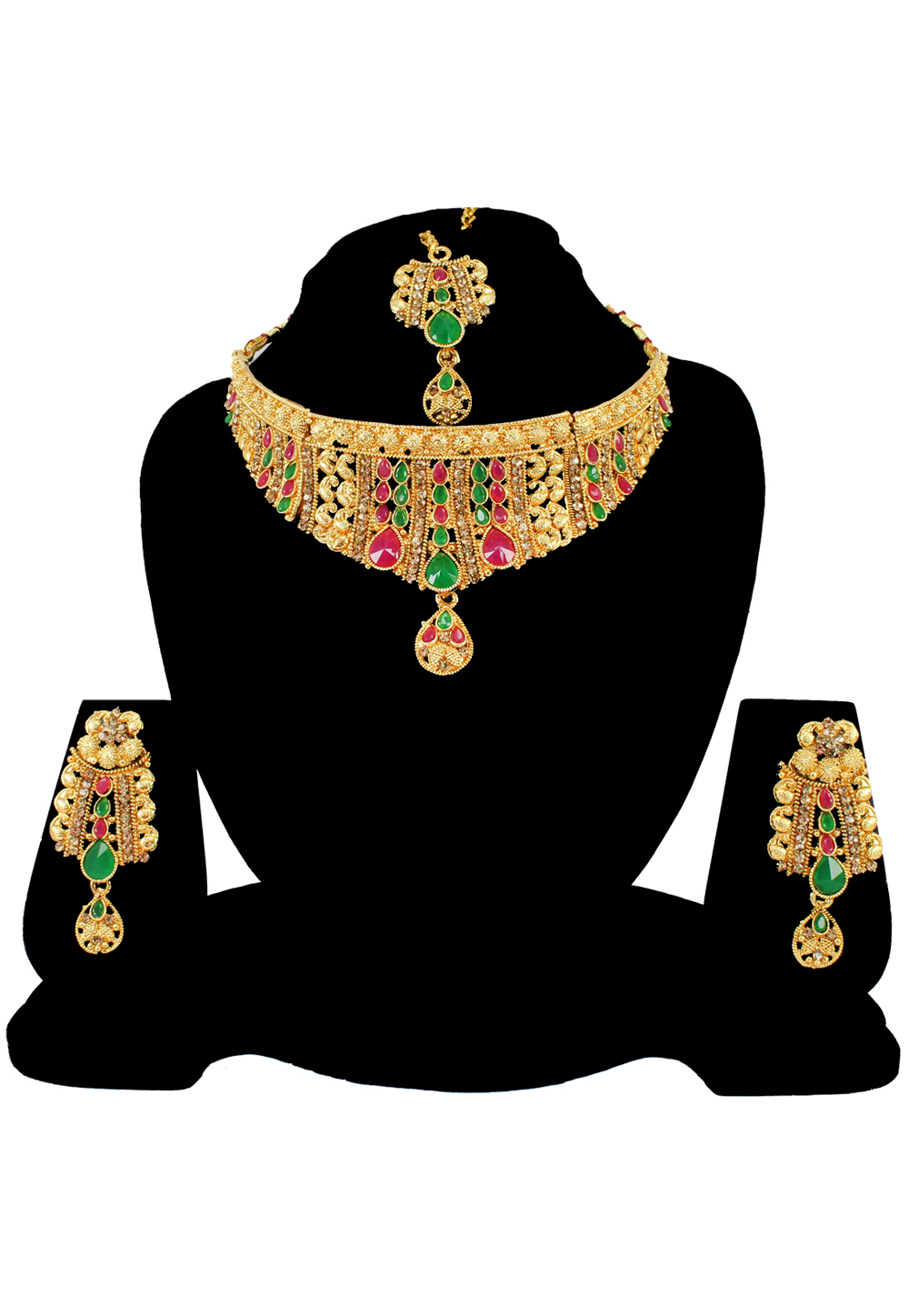 Green Alloy Austrian Diamond Necklace Set With Earrings and Maang Tikka 197166