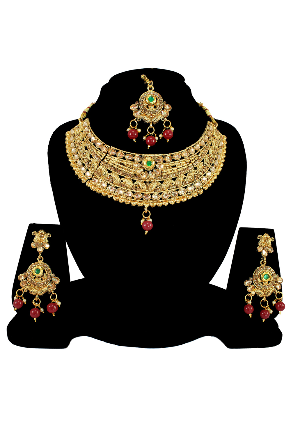 Maroon Alloy Austrian Diamond Necklace Set With Earrings and Maang Tikka 197167