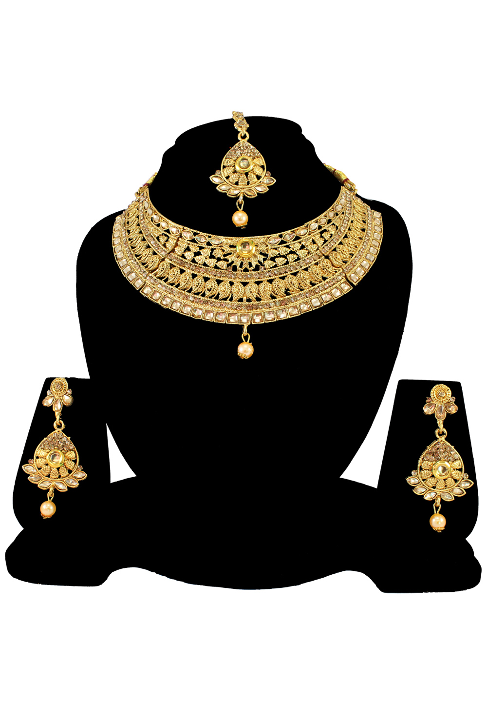 Golden Alloy Austrian Diamond Necklace Set With Earrings and Maang Tikka 197168