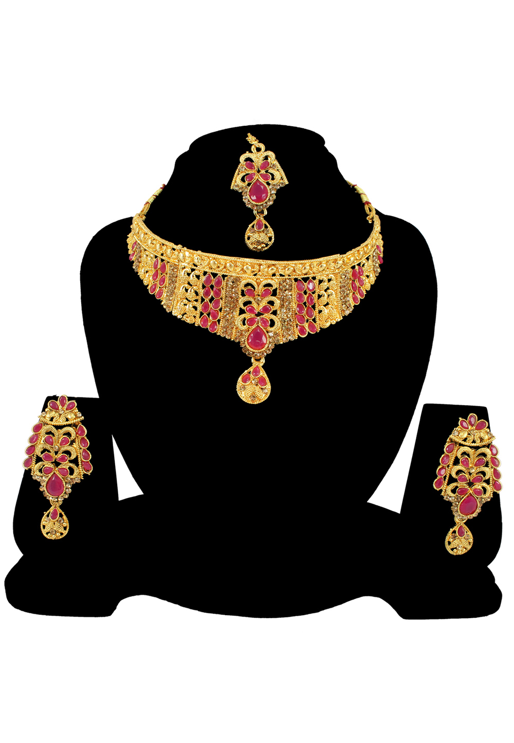 Pink Alloy Austrian Diamond Necklace Set With Earrings and Maang Tikka 197169