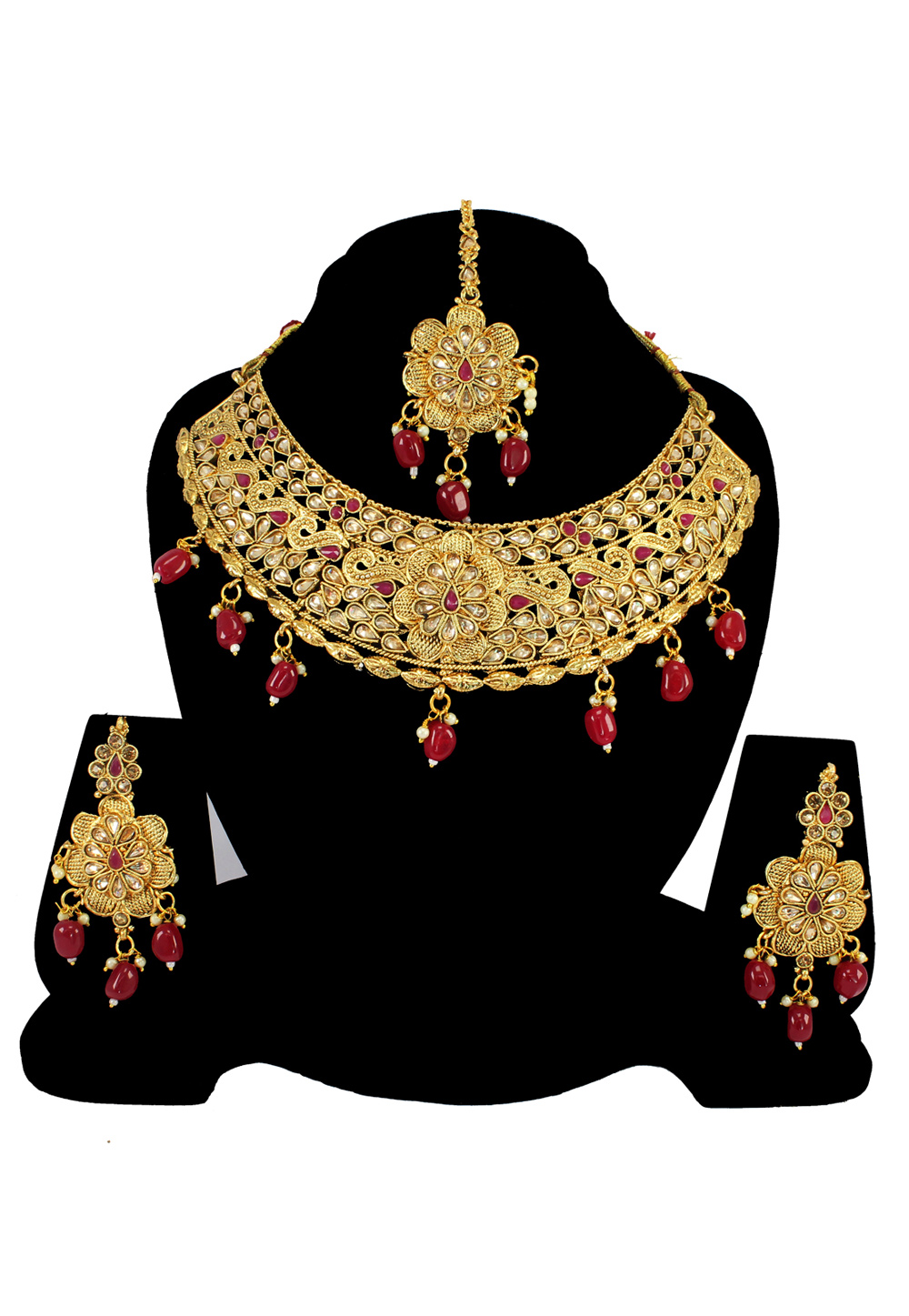 Maroon Alloy Austrian Diamond Necklace Set With Earrings and Maang Tikka 197172