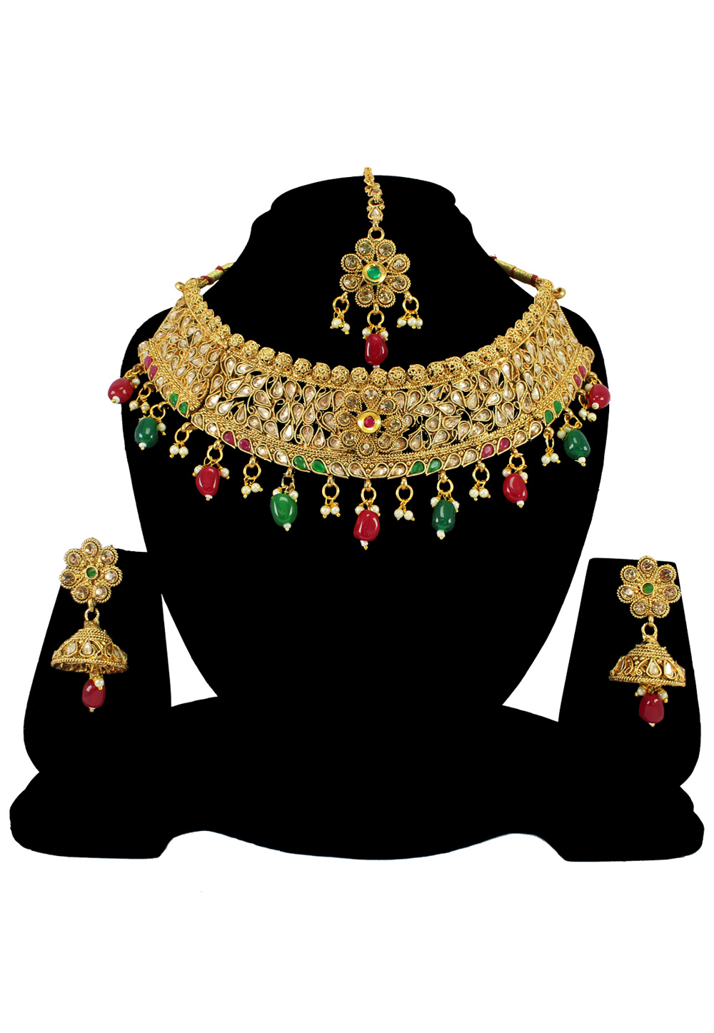 Green Alloy Austrian Diamond Necklace Set With Earrings and Maang Tikka 197173