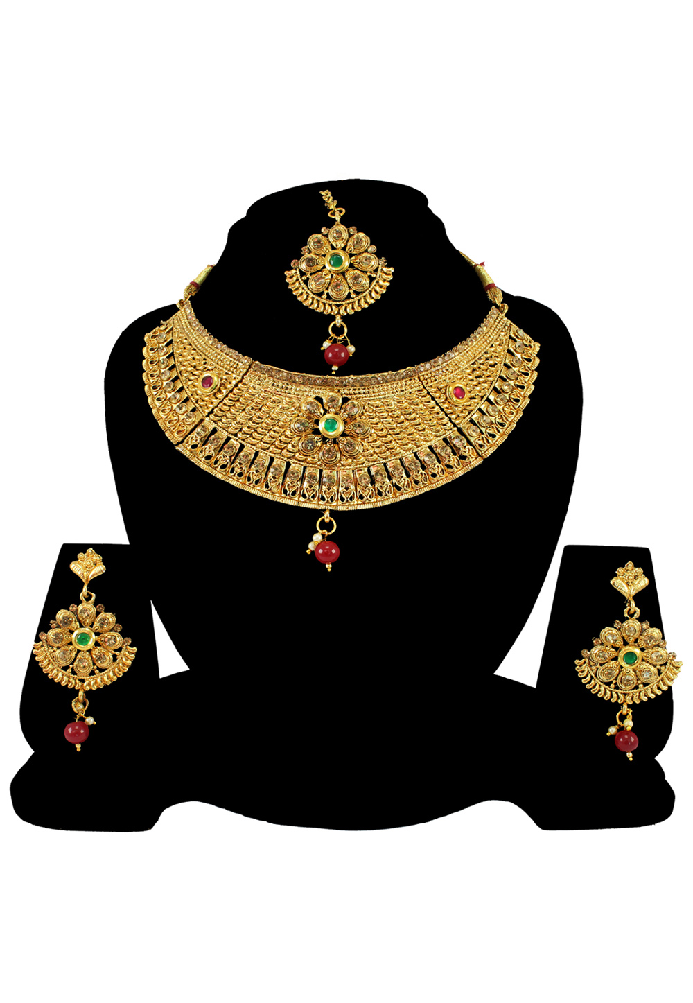 Maroon Alloy Austrian Diamond Necklace Set With Earrings and Maang Tikka 197174