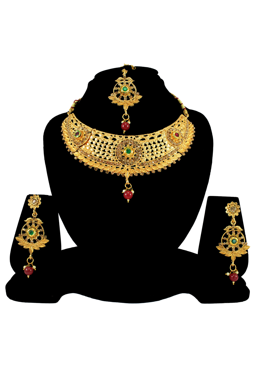 Maroon Alloy Austrian Diamond Necklace Set With Earrings and Maang Tikka 197176