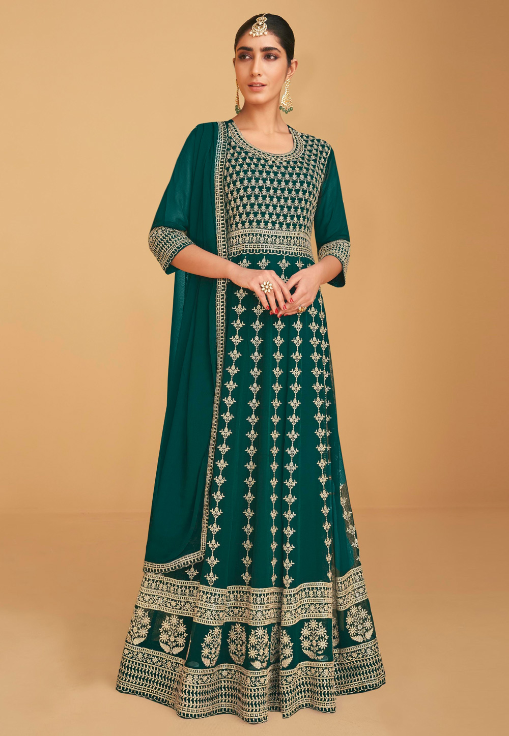 Green Georgette Abaya Style Anarkali Suit 240856