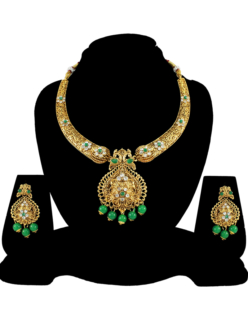 Green Alloy Austrian Diamond Necklace Set With Earrings 197191