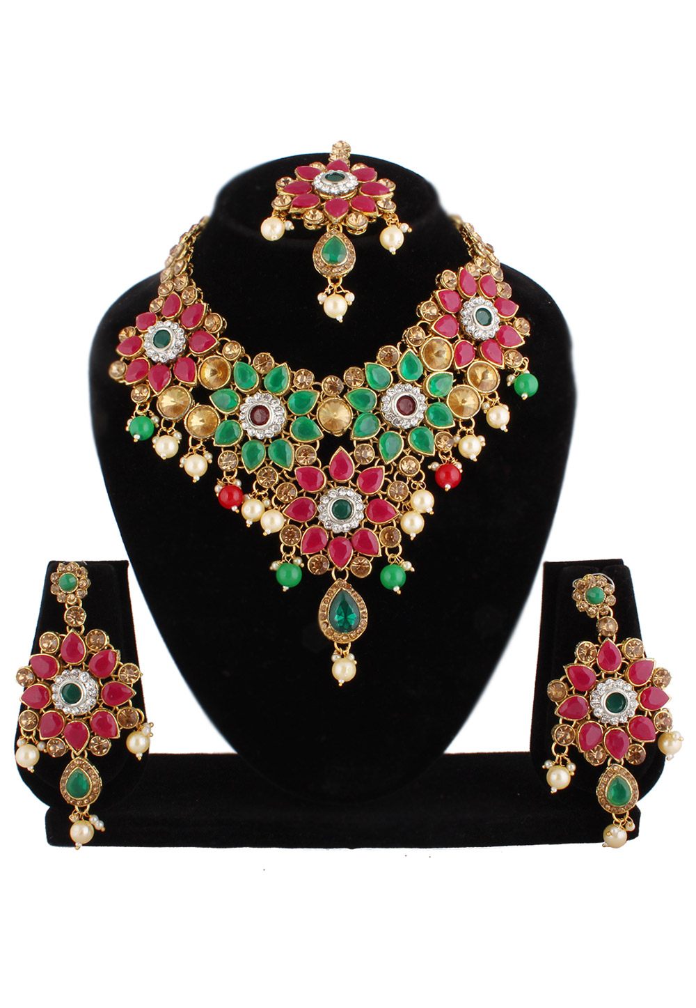 Green Alloy Austrian Diamond Necklace Set With Earrings and Maang Tikka 220238