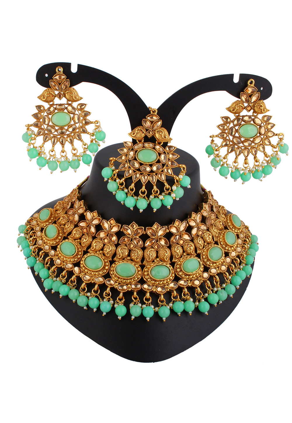 Green Alloy Austrian Diamond Necklace Set With Earrings and Maang Tikka 220240