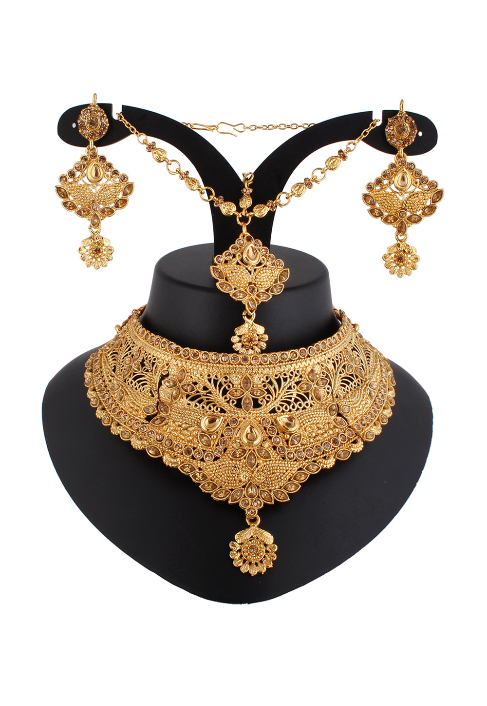 Golden Alloy Austrian Diamond Necklace Set With Earrings and Maang Tikka 220241