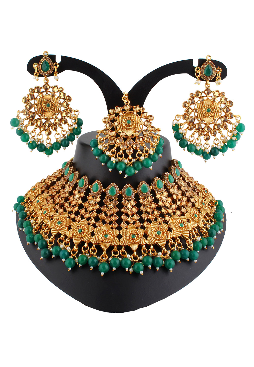 Green Alloy Austrian Diamond Necklace Set With Earrings and Maang Tikka 220244