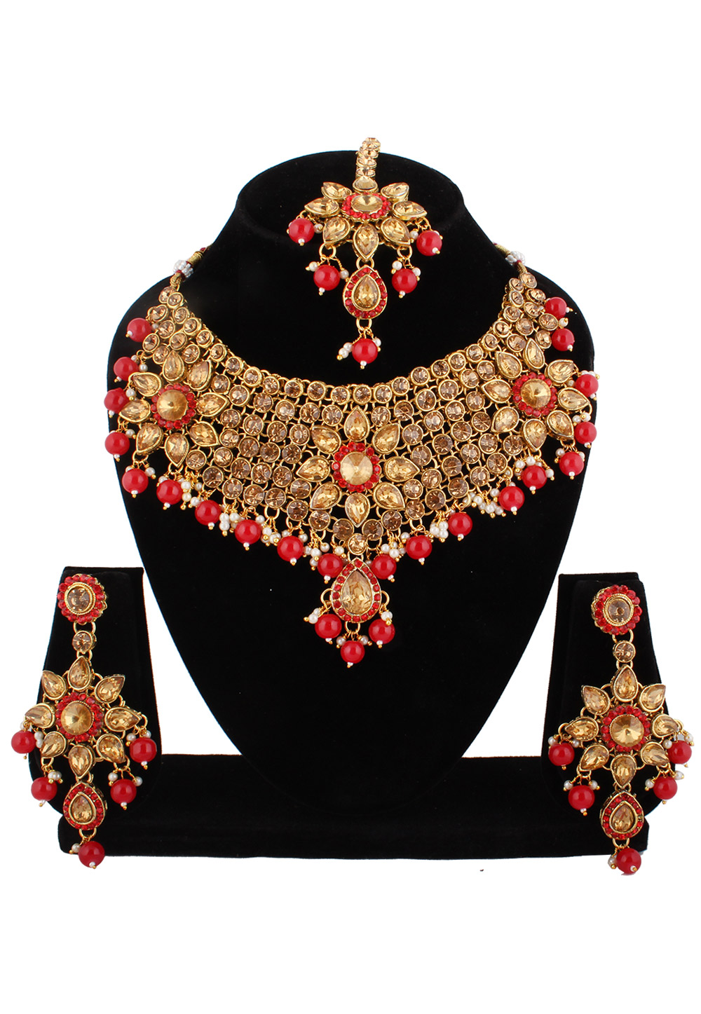 Red Alloy Austrian Diamond Necklace Set With Earrings and Maang Tikka 220245