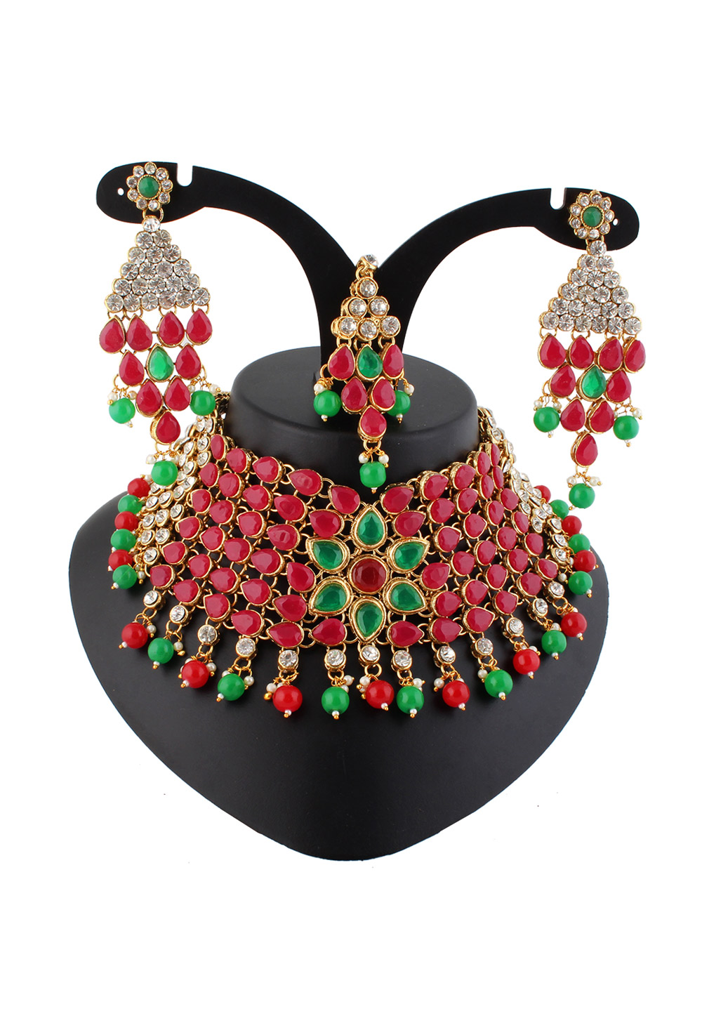 Green Alloy Austrian Diamond Necklace Set With Earrings and Maang Tikka 220246