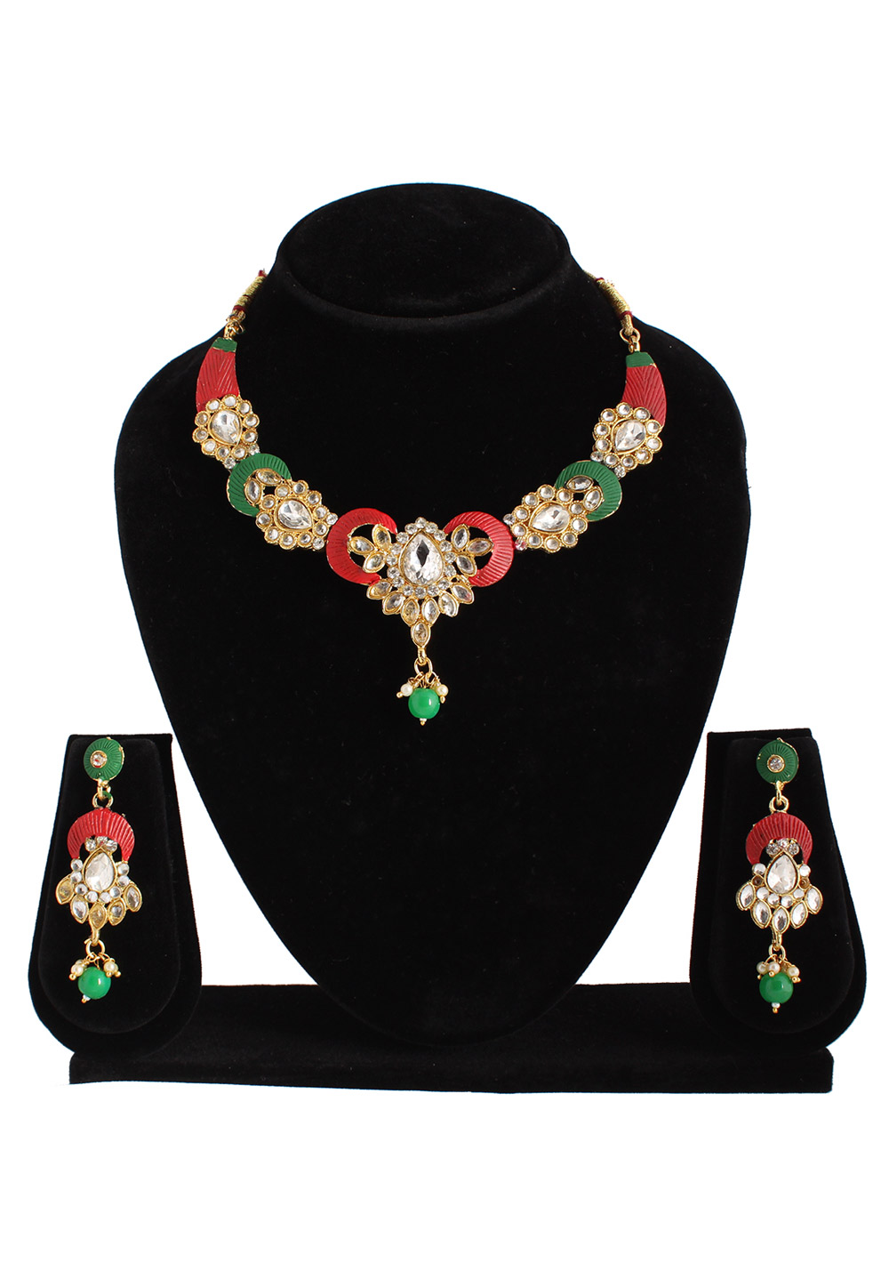 Green Alloy Austrian Diamond Necklace Set With Earrings 220247