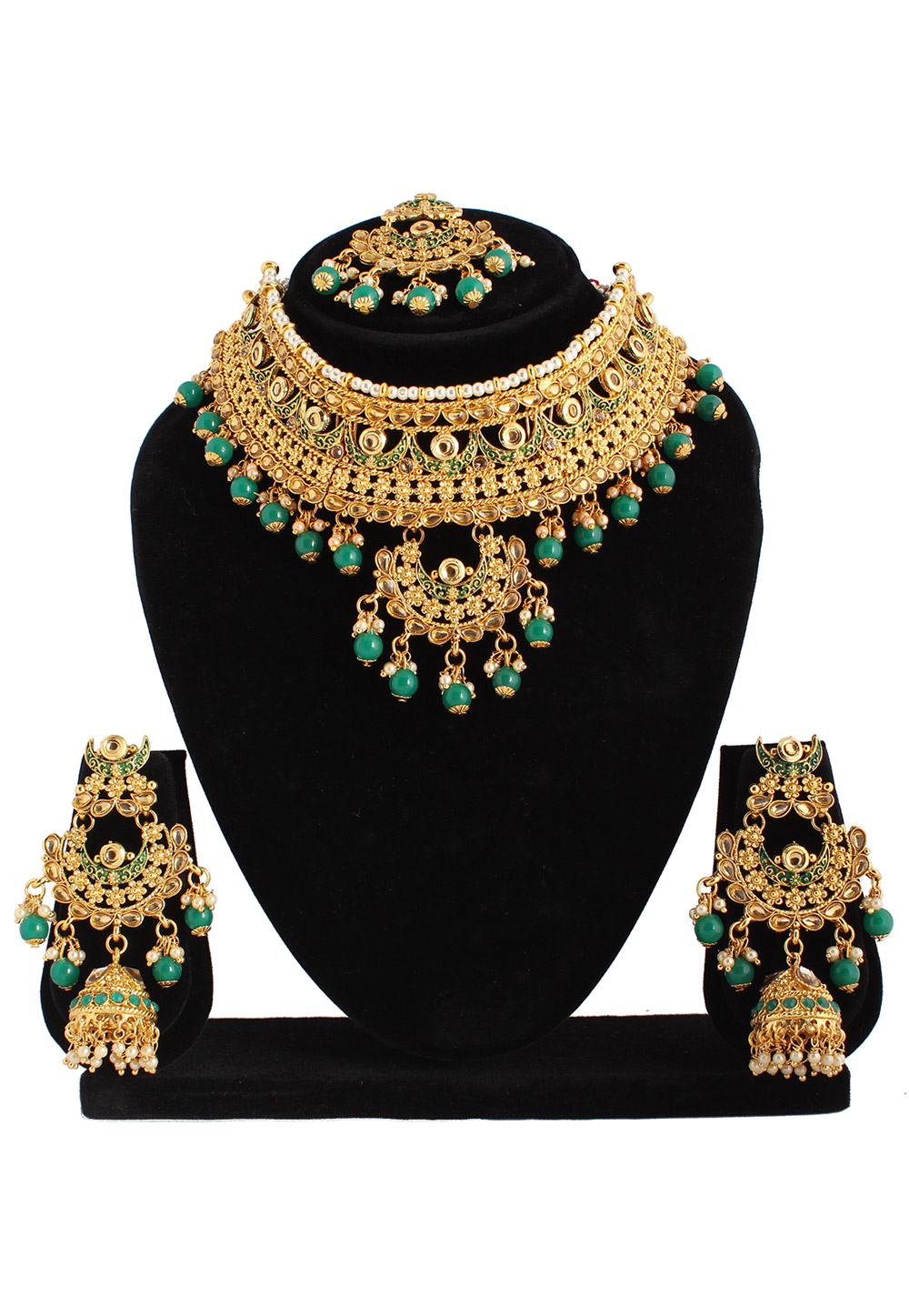 Green Alloy Austrian Diamond Necklace Set With Earrings and Maang Tikka 220248