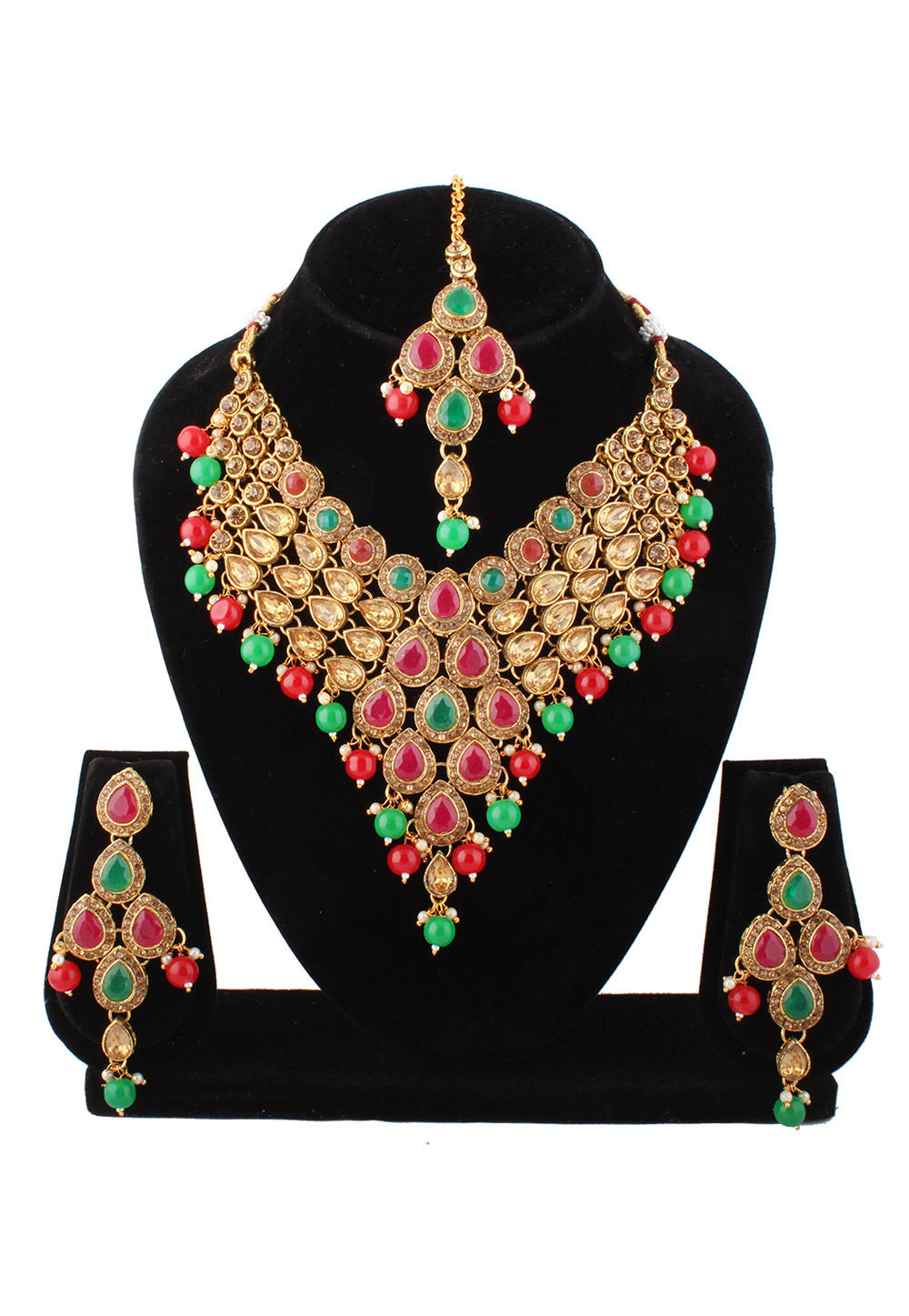 Pink Alloy Austrian Diamond Necklace Set With Earrings and Maang Tikka 220249