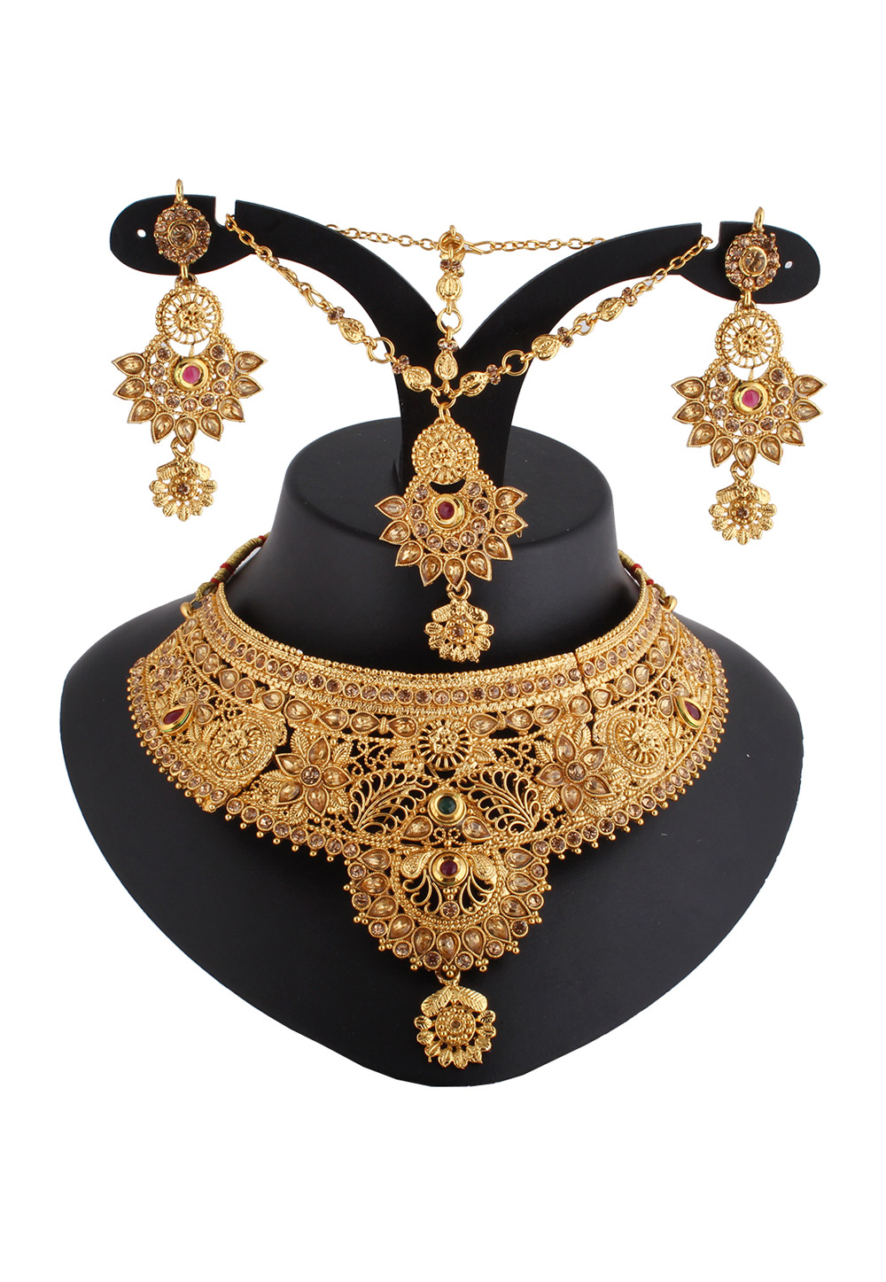 Golden Alloy Austrian Diamond Necklace Set With Earrings and Maang Tikka 220250