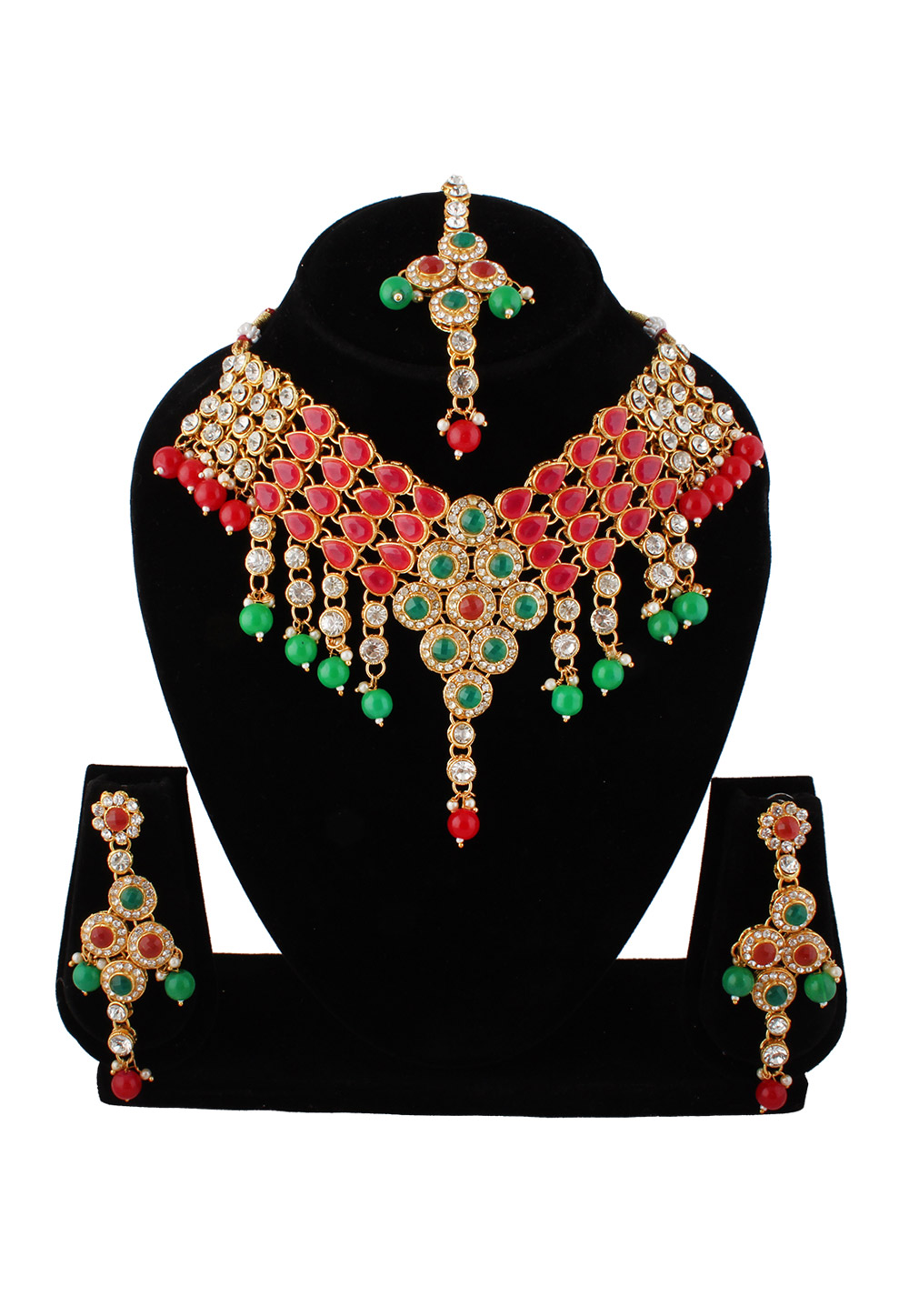 Red Alloy Austrian Diamond Necklace Set With Earrings and Maang Tikka 220251