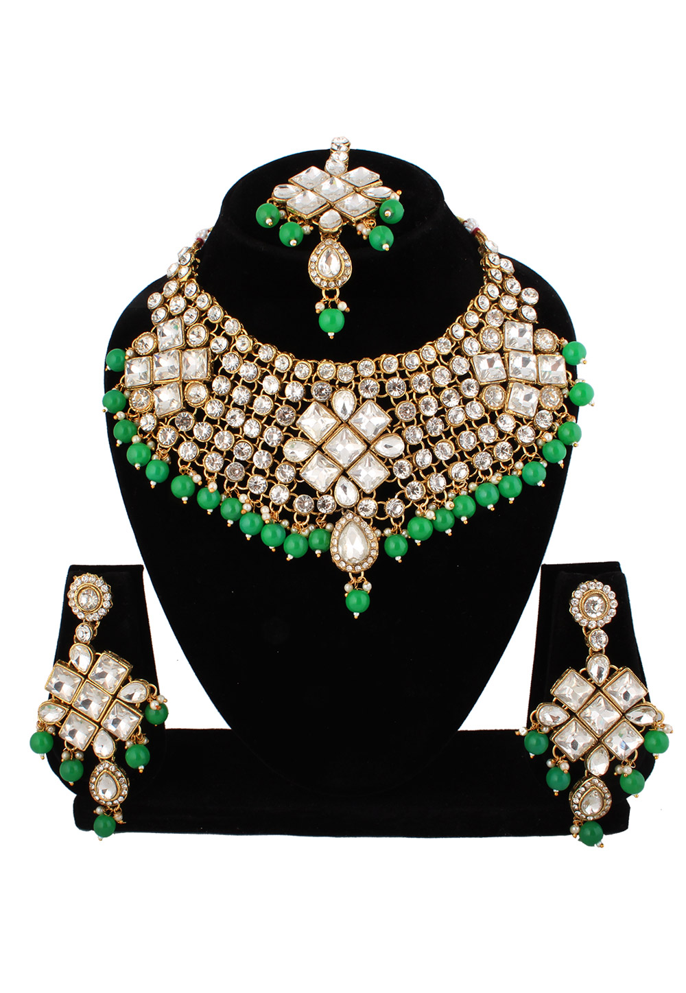 Green Alloy Austrian Diamond Necklace Set With Earrings and Maang Tikka 220252