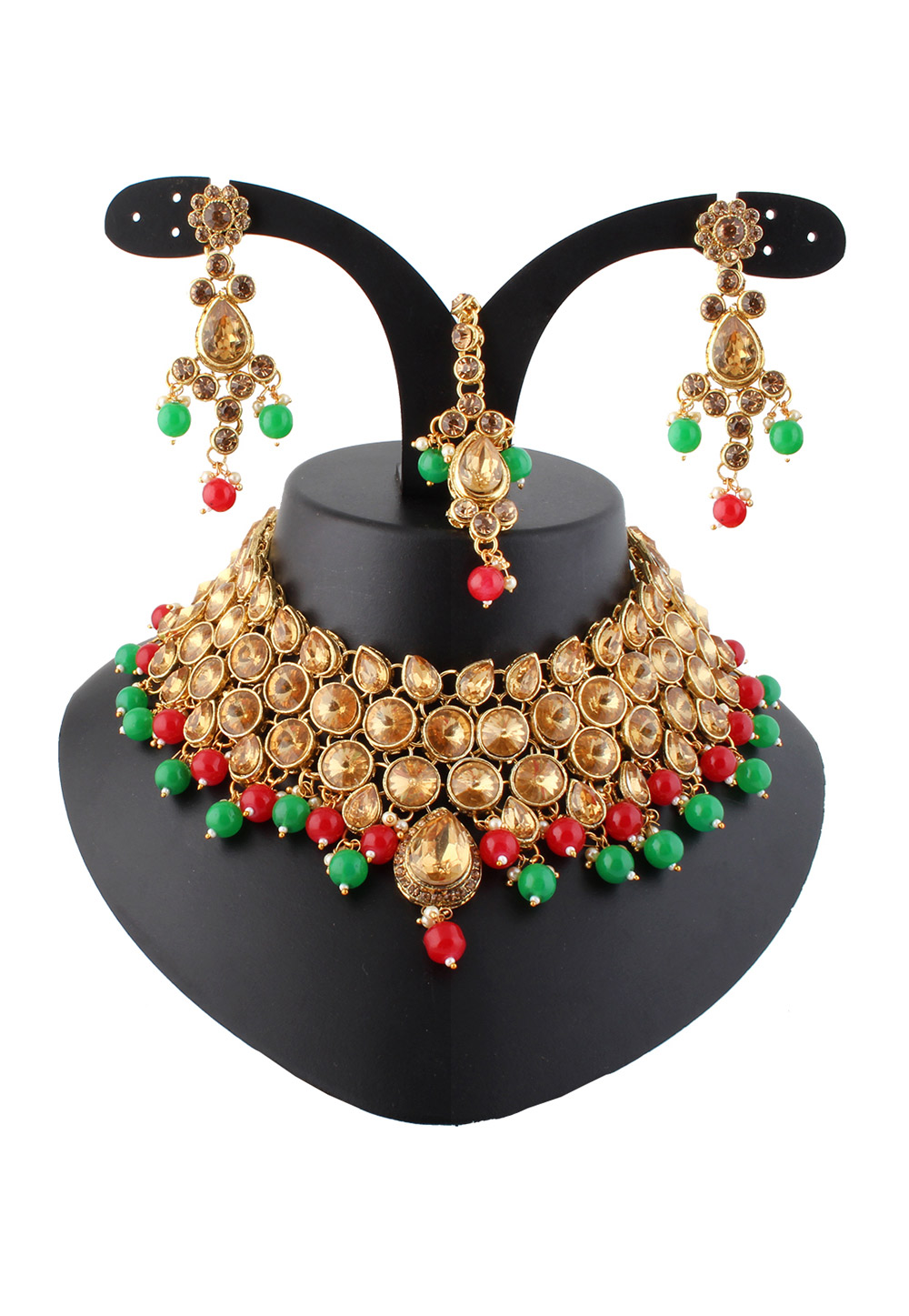 Green Alloy Austrian Diamond Necklace Set With Earrings and Maang Tikka 220254