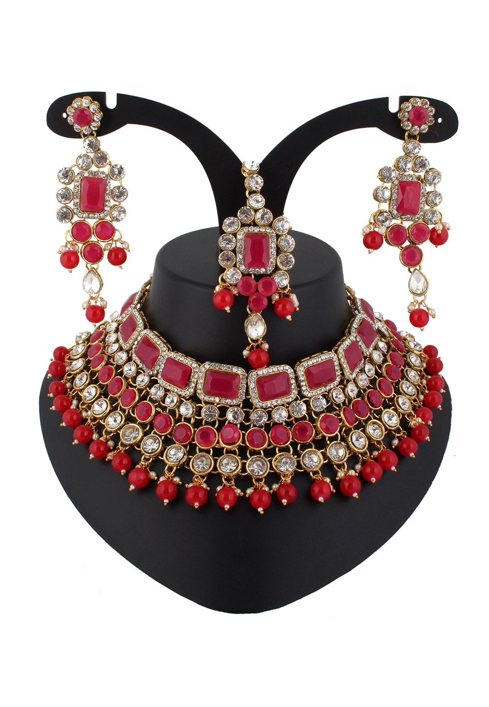 Red Alloy Austrian Diamond Necklace Set With Earrings and Maang Tikka 220258