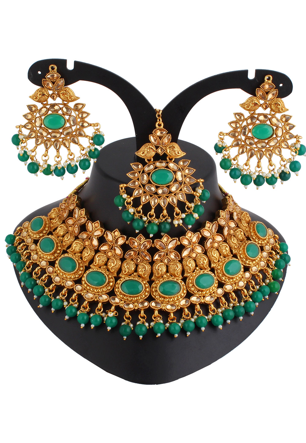 Green Alloy Austrian Diamond Necklace Set With Earrings and Maang Tikka 220259