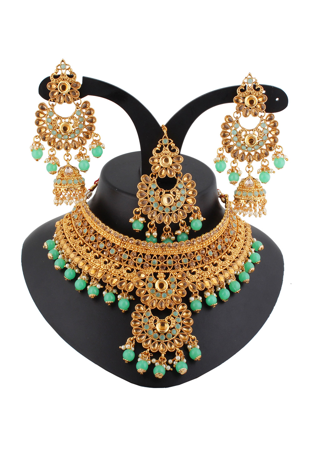 Green Alloy Austrian Diamond Necklace Set With Earrings and Maang Tikka 220261