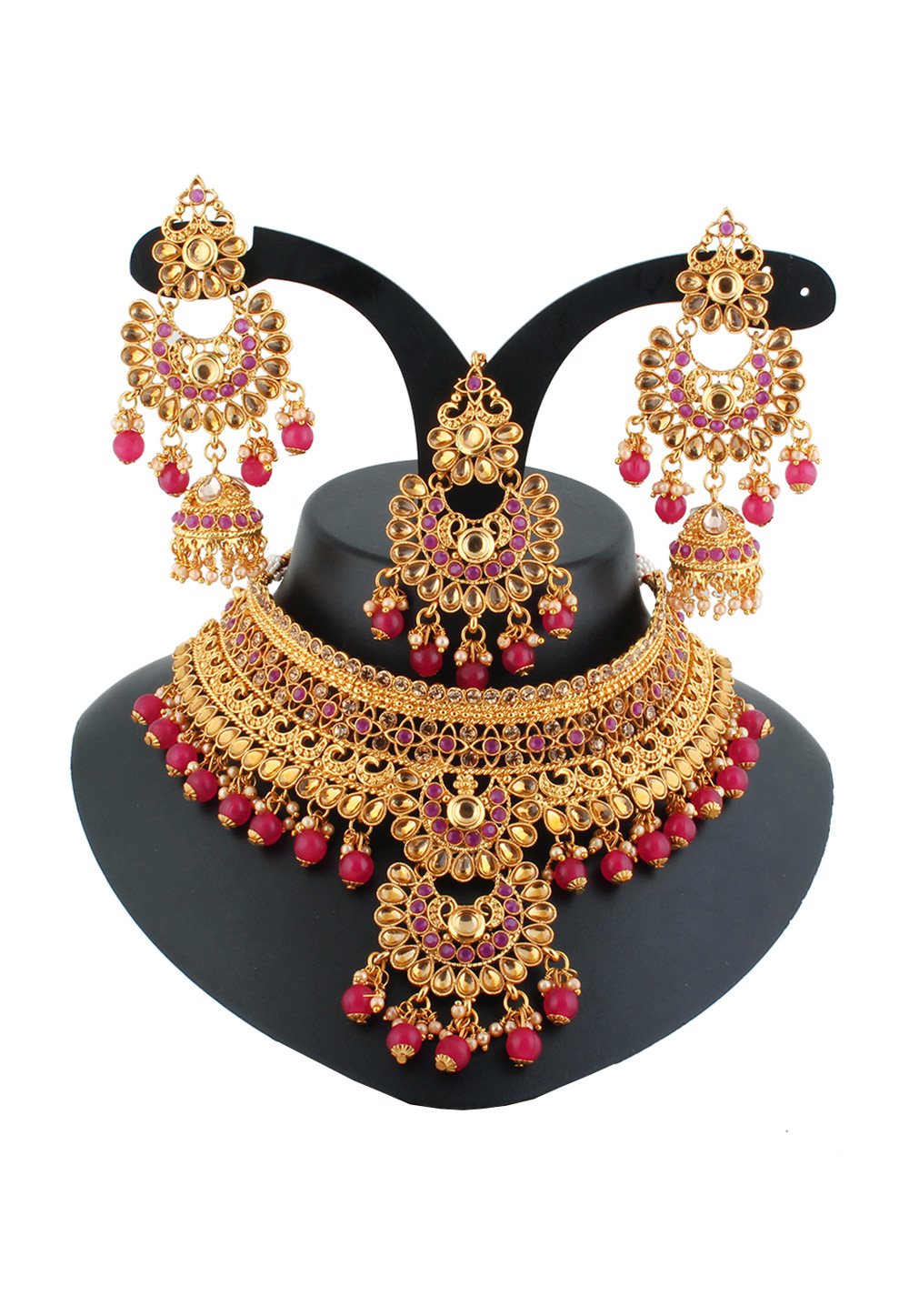 Pink Alloy Austrian Diamond Necklace Set With Earrings and Maang Tikka 220262