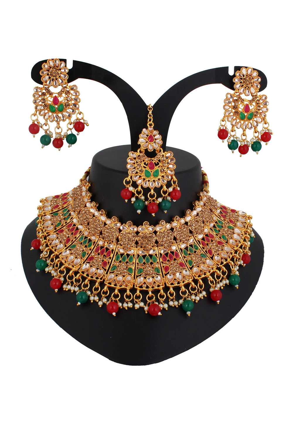 Red Alloy Austrian Diamond Necklace Set With Earrings and Maang Tikka 220264