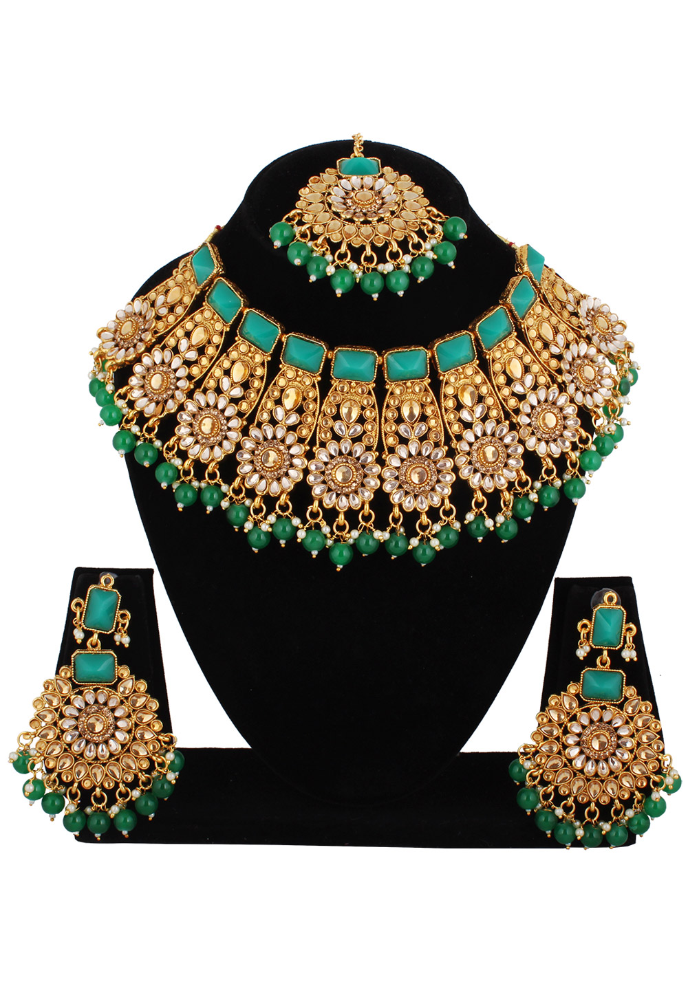 Green Alloy Austrian Diamond Necklace Set With Earrings and Maang Tikka 220266