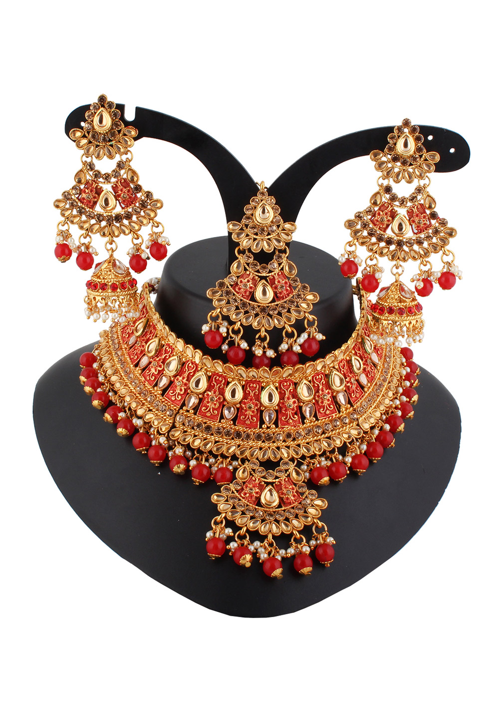Red Alloy Austrian Diamond Necklace Set With Earrings and Maang Tikka 220267