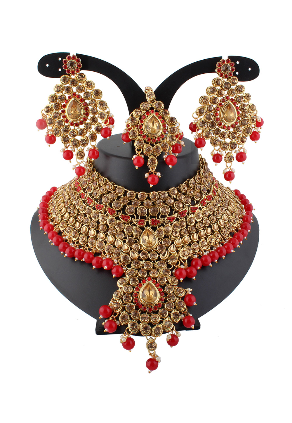 Red Alloy Austrian Diamond Necklace Set With Earrings and Maang Tikka 220269