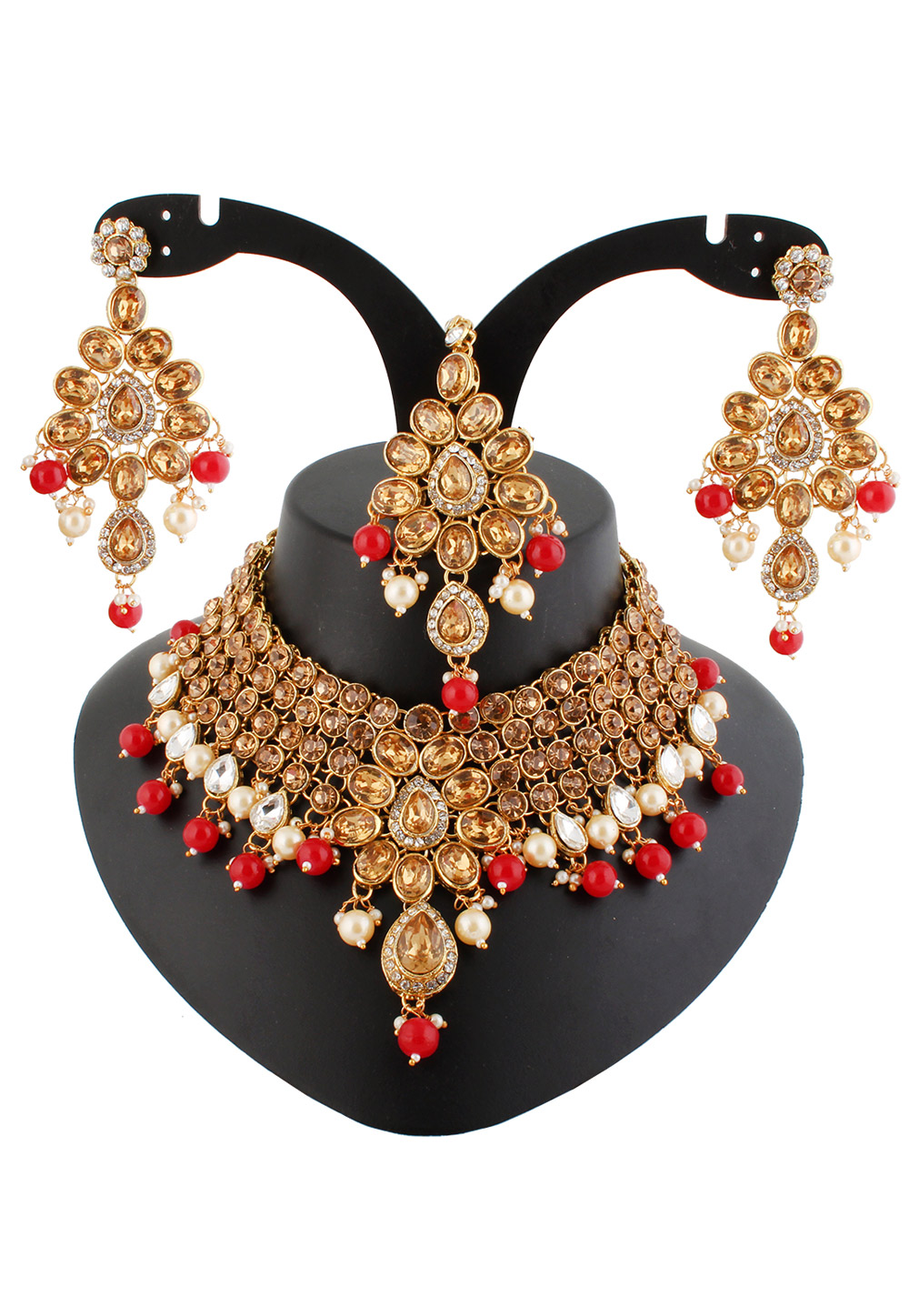 Red Alloy Austrian Diamond Necklace Set With Earrings and Maang Tikka 220271