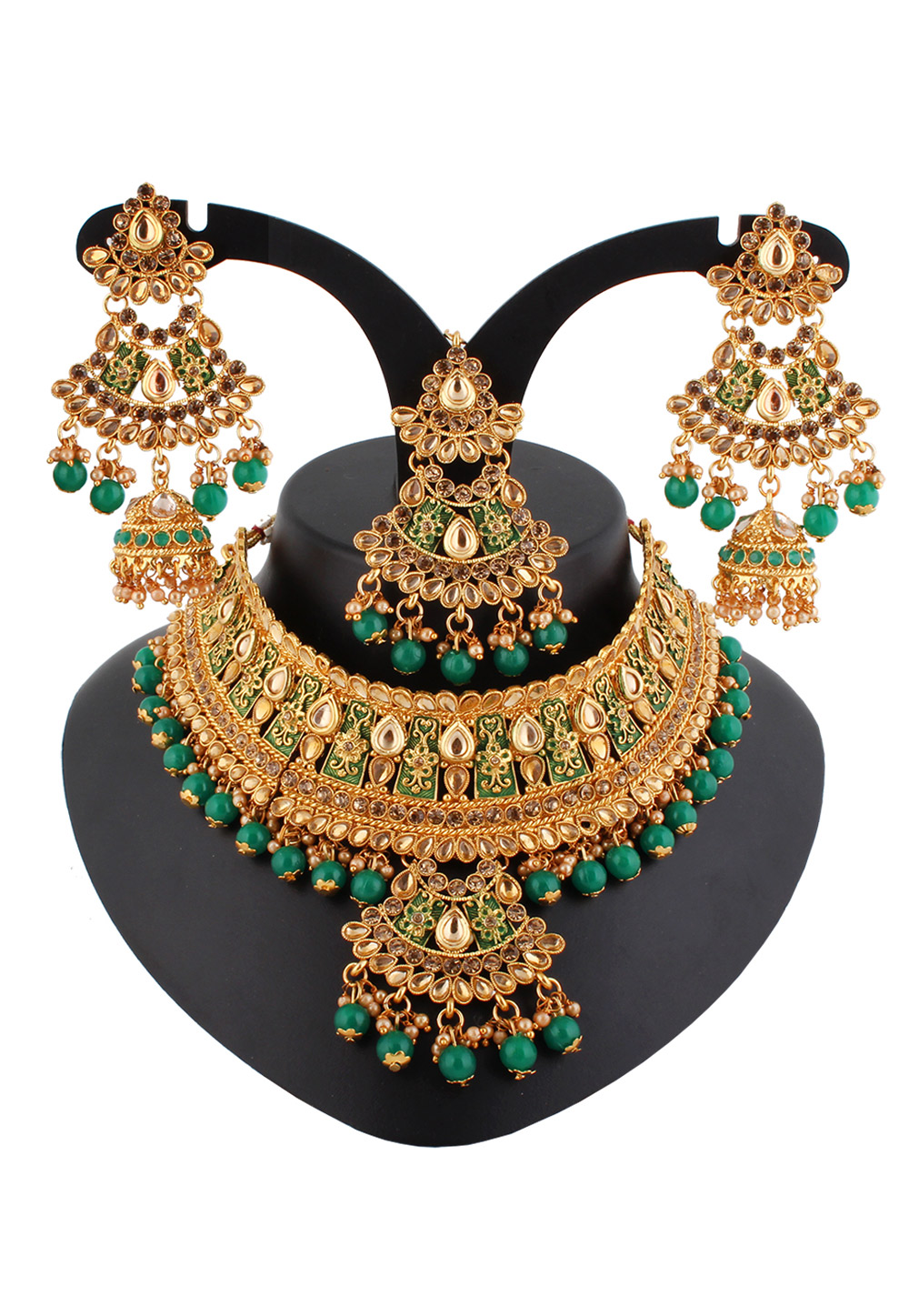 Green Alloy Austrian Diamond Necklace Set With Earrings and Maang Tikka 220272