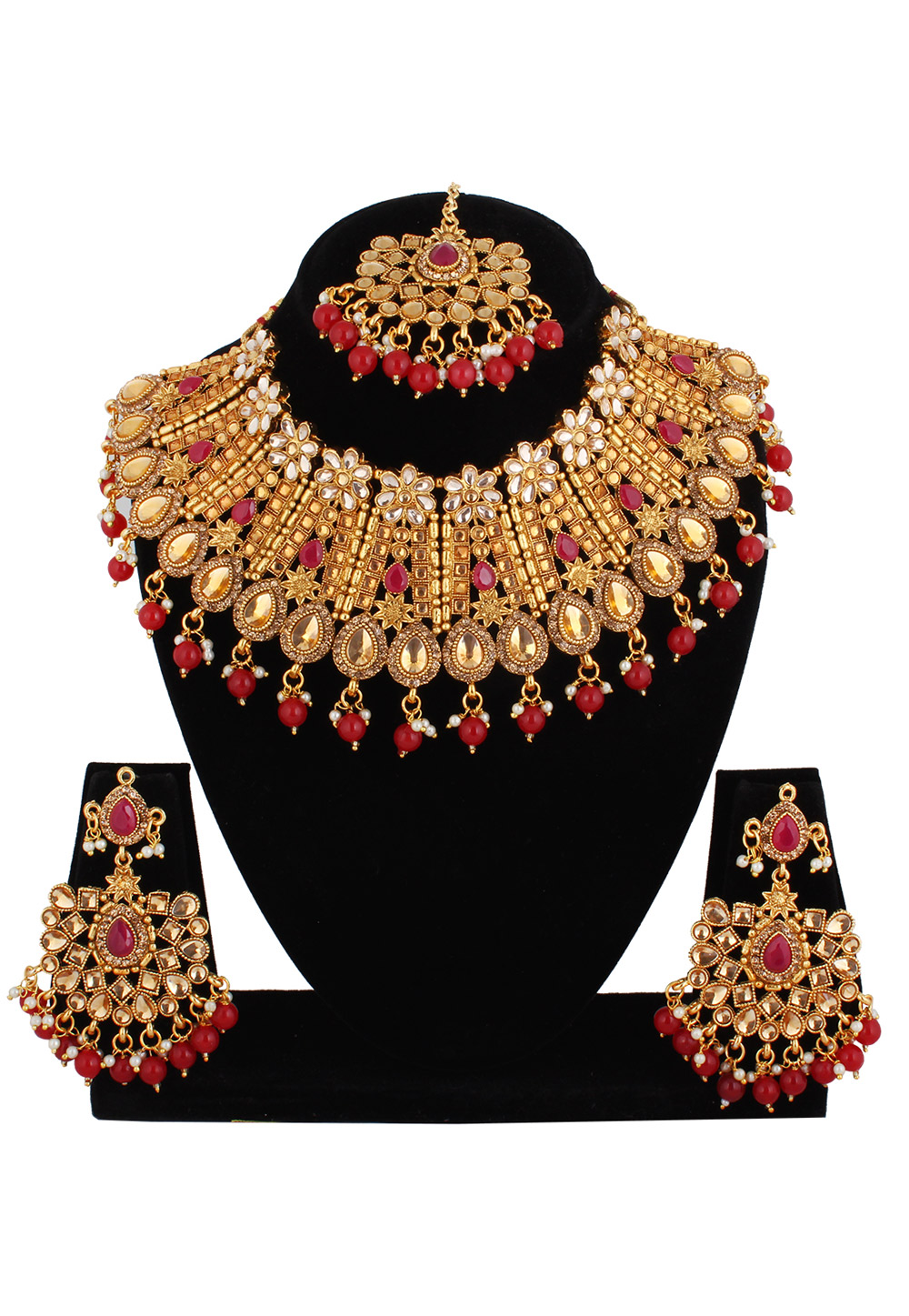 Red Alloy Austrian Diamond Necklace Set With Earrings and Maang Tikka 220274