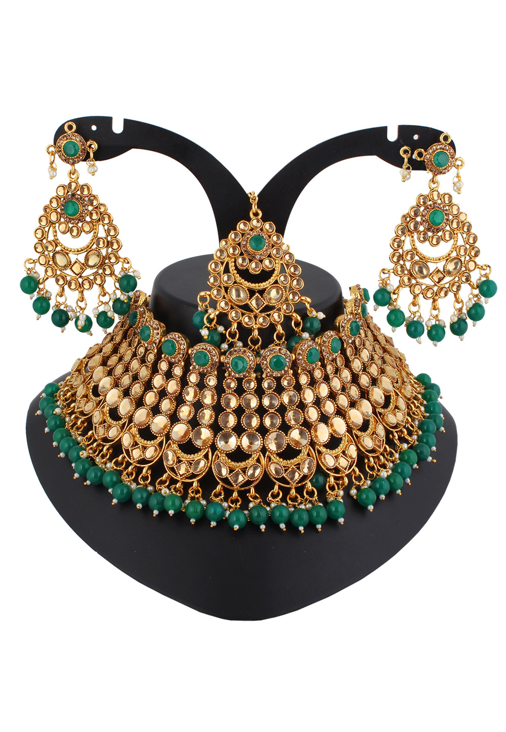 Green Alloy Austrian Diamond Necklace Set With Earrings and Maang Tikka 220275