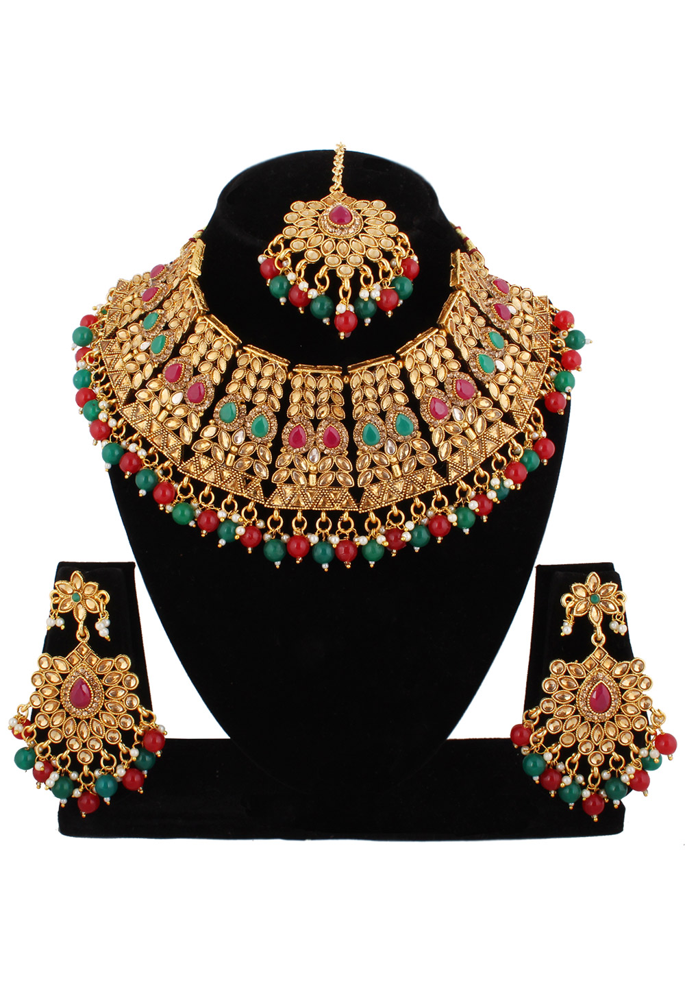 Green Alloy Austrian Diamond Necklace Set With Earrings and Maang Tikka 220276