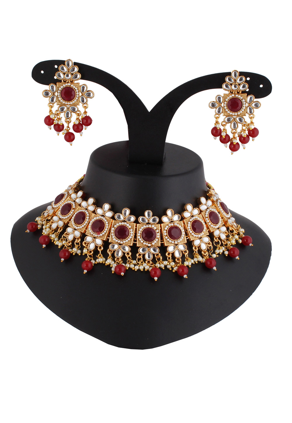 Red Alloy Austrian Diamond Necklace Set With Earrings 220279