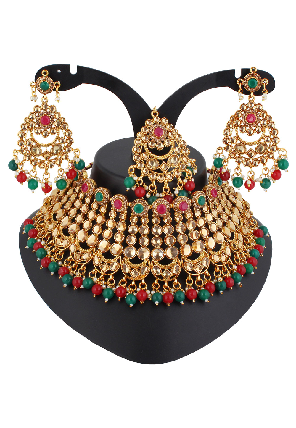 Red Alloy Austrian Diamond Necklace Set With Earrings and Maang Tikka 220280