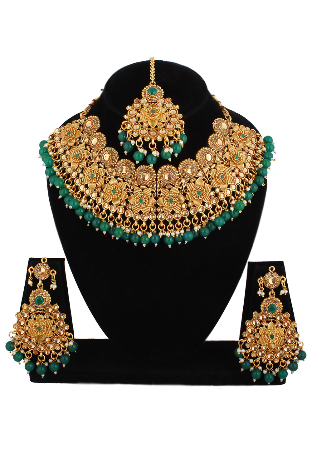 Green Alloy Austrian Diamond Necklace Set With Earrings and Maang Tikka 220282